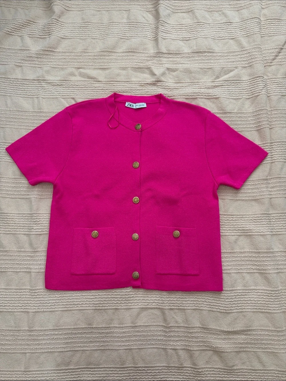 Zara Fuchsia Short-Sleeve Button-Down Cardigan with Gold Buttons
